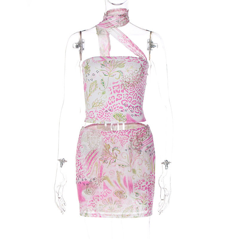 Women  Clothing Spring/Summer Fresh Street Halterneck Vest Short Hip Hugger Printed Dress Two Piece Set