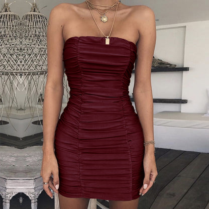 Spring Summer New  Women Clothing Sexy Tube Top Nightclub Ruffle Hip Dress