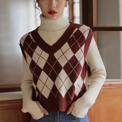 Korean Style V-neck Plaid Pullover Vest Knitted Scottish Vest Elegant Slimming Trendy Sweater