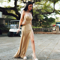 Summer Women Clothing Suspenders Backless Solid Color Slim Fit Slit Sexy Dress