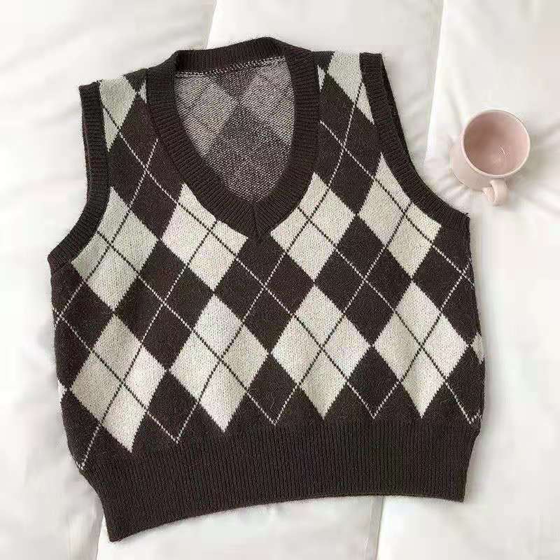 Korean Style V-neck Plaid Pullover Vest Knitted Scottish Vest Elegant Slimming Trendy Sweater