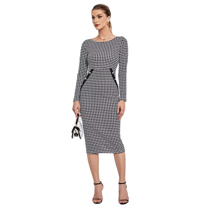 Spring Summer Houndstooth Dress Fastener Decoration Mid Length Dress