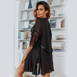 Sexy Lingerie  Sexy Mesh See-through Lace Cardigan Pajamas Women  Lace-up Homewear Suit
