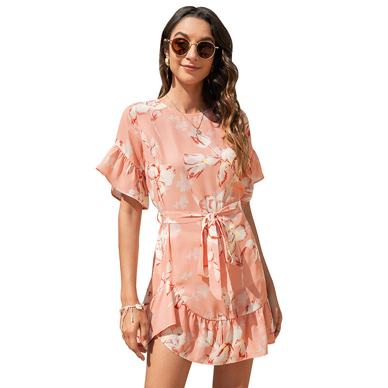 2021  Summer New Product Women Clothes round Neck Fashion Lady Floral Flounce Jumpsuit Skirt