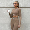 Solid Color Tight Letter Graphic Zhang Zi round Neck Long Sleeve Short Top High Waist Skinny Trousers Sports Yoga Two Piece Set