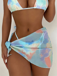 Ladies Mesh Tie-Dyed Irregular Strap Beach Dress 3 Pieces Swimsuit