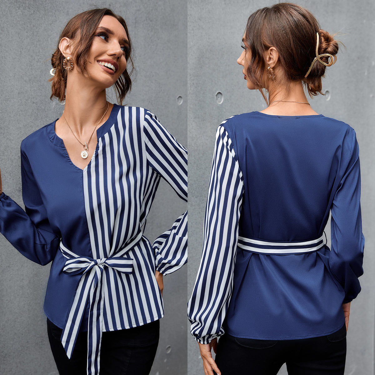 2022 Autumn Spring New V-neck Temperament Elegant Stitching  Color Block Shirt