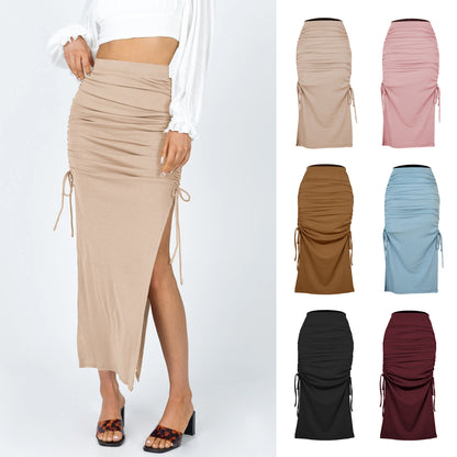 Slit Knitted Slim Skirt Fashion Pleated Tie Sexy Sheath Dress  Women Clothing