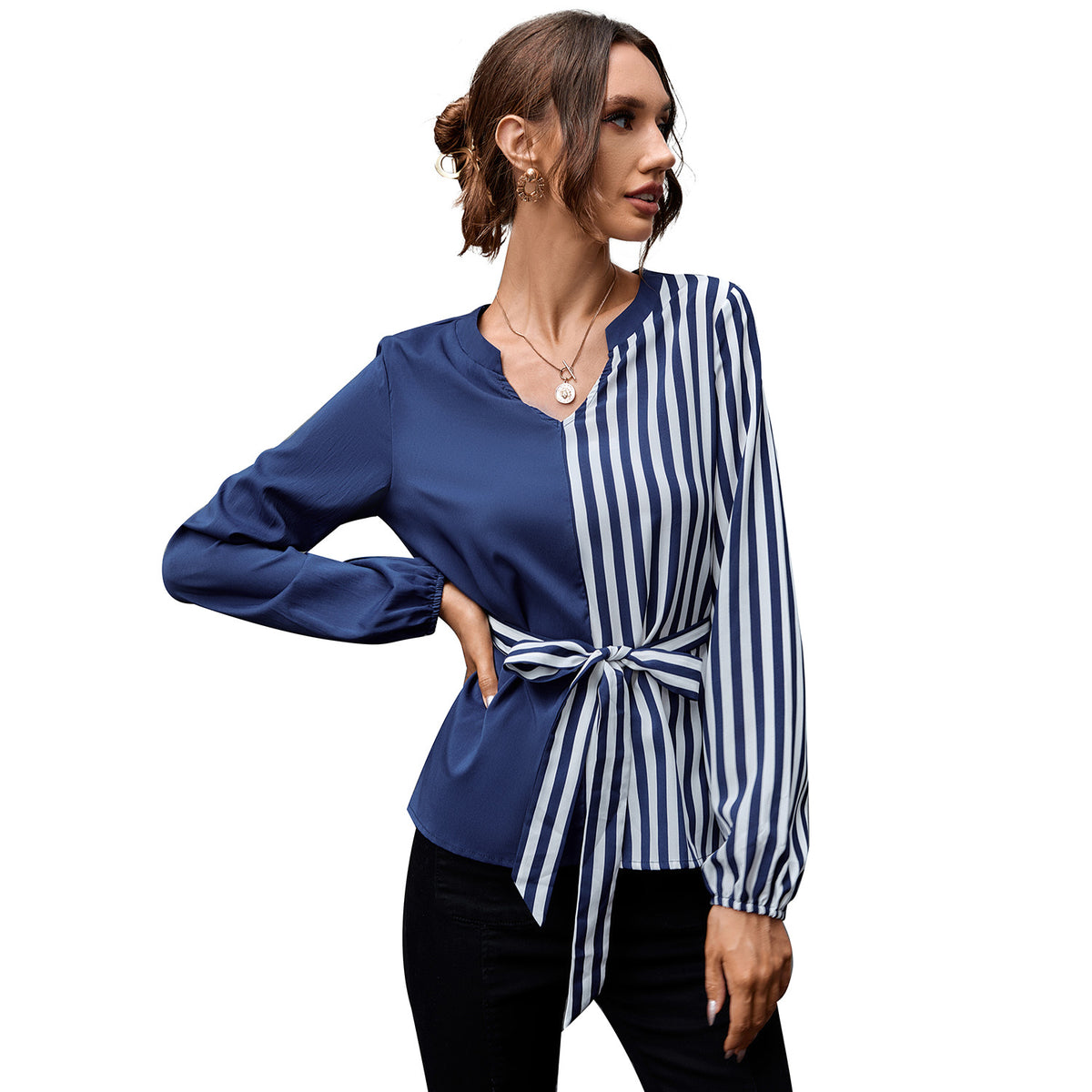2022 Autumn Spring New V-neck Temperament Elegant Stitching  Color Block Shirt