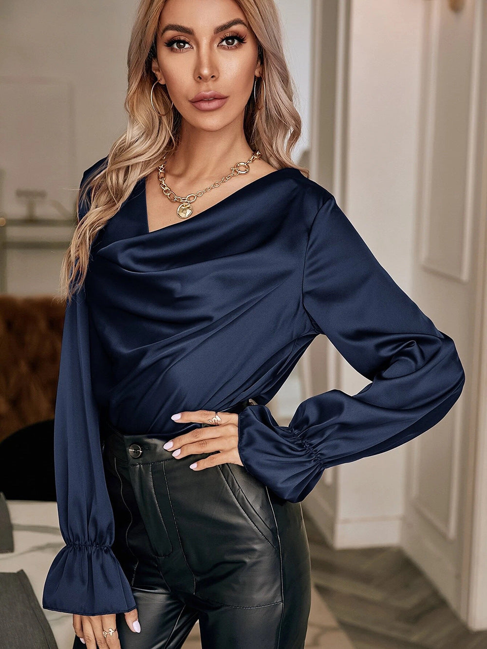 Elegant Satin Pullover with Pile Collar - Women's Autumn/Winter Shirt