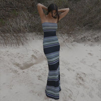 Contrast Color Striped Sexy Bandeau Sling Maxi Dress Women  Summer High Grade Tight Waist Sheath Fishtail Dress