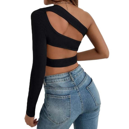 Women New Fall Winter Inner Wear Black Rib Bottoming Shirt Women Oblique Shoulder Elegant Top   Spot