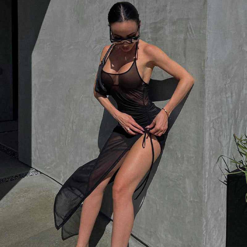 Women  Clothing Summer Mesh Sexy See through Slit Slim Fitting Dress