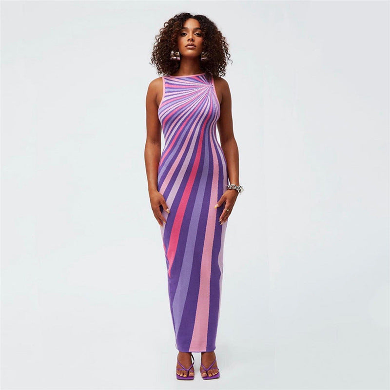 Summer Women Clothing Striped Print Sleeveless Backless Sexy Slim Slimming Dress