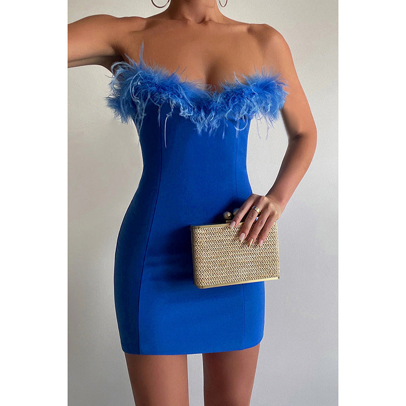 Backless Party Tube Top Dress Burr V Neck Tight Sexy Hip Dress