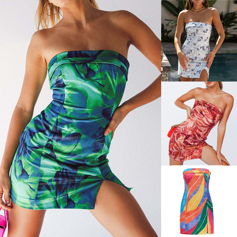 Women Clothing Summer Tube Top Dress New Flanging Sexy Irregular Slit Dress