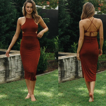 2021  New Women Fashion round Neck Sexy Backless Slim Fit Lace-up Split Dress