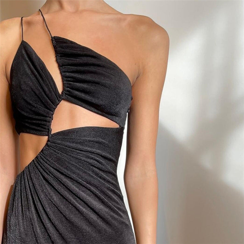 Style Spring Summer New Women Clothing Sexy Backless Spaghetti Straps Oblique Shoulder Temperament Slim Hollow Dress Women