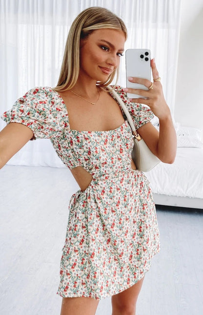 2021 Spring and Summer New Small Floral Print Fresh Sweet Backless Short Dress