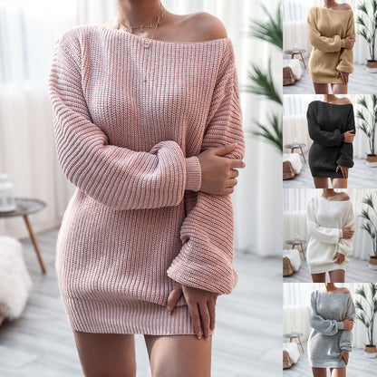 Autumn and Winter  Long Sleeve off Shoulder Casual Loose Knitted Sweater Dress Women Clothing