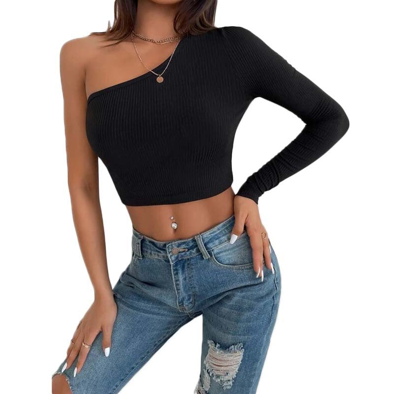 Women New Fall Winter Inner Wear Black Rib Bottoming Shirt Women Oblique Shoulder Elegant Top   Spot