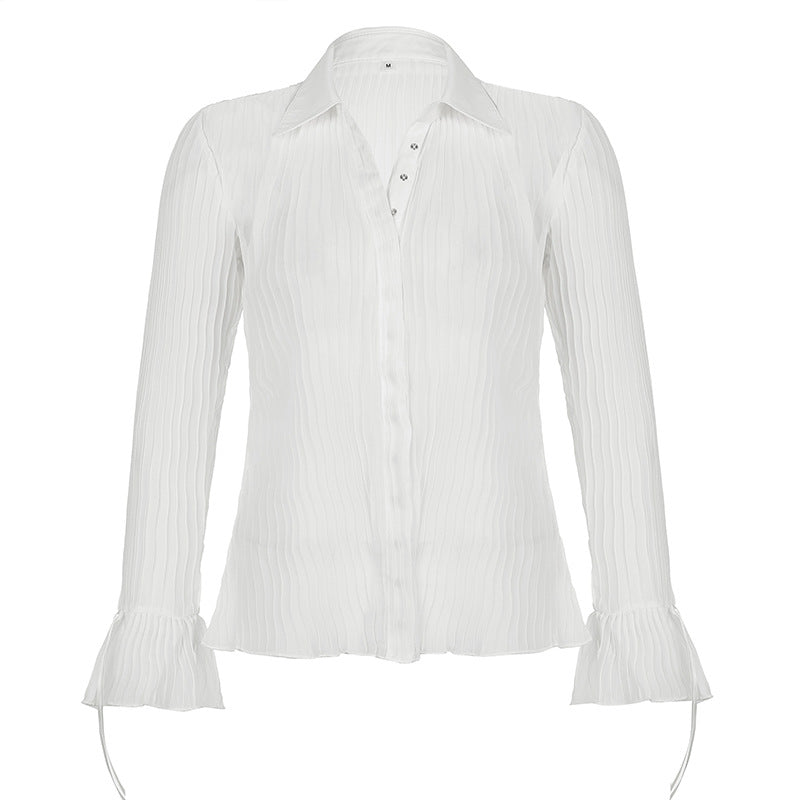 Lightweight Slightly See-through Crumpled Collared Shirt Breasted Ruffle Sleeve Waist Trimming Casual Top
