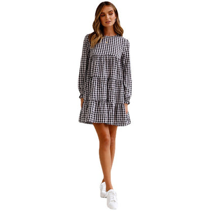 New Long Sleeve Plaid Pleated Swing Cake Dress Women Clothing