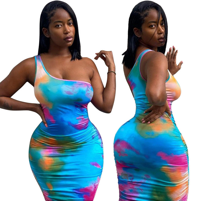 New  Printed Dress One-Shoulder Pleated Tie-Dyed Sexy Nightclub Dress Women