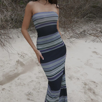 Contrast Color Striped Sexy Bandeau Sling Maxi Dress Women  Summer High Grade Tight Waist Sheath Fishtail Dress