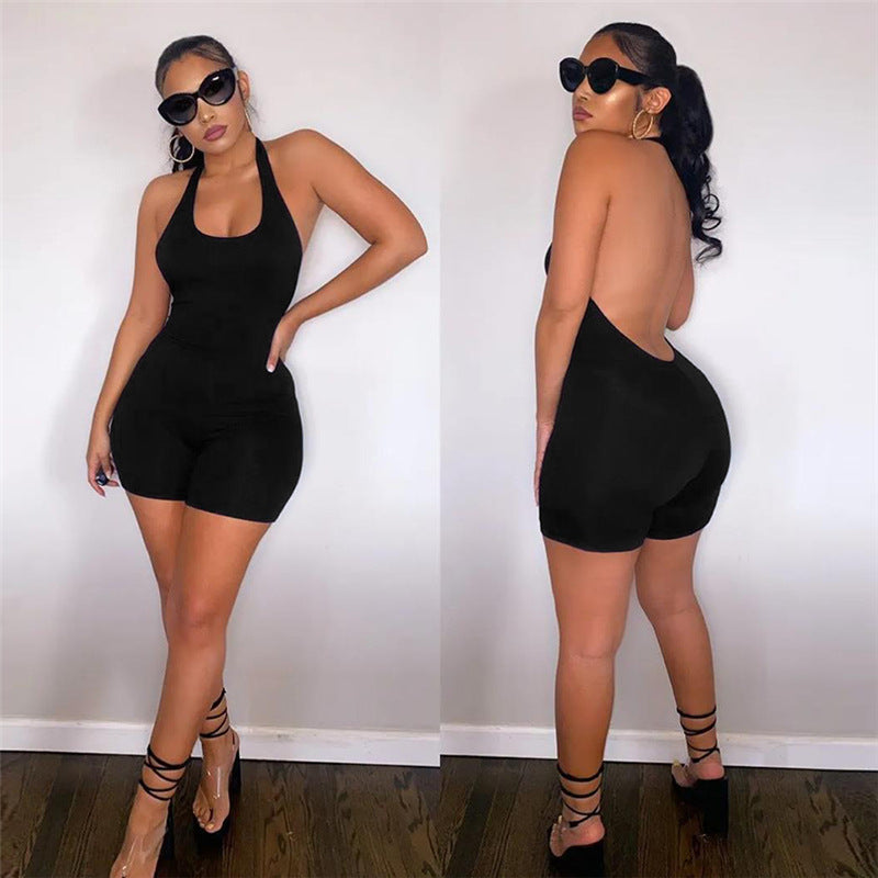 Style 2022 New Summer Women Clothes Sexy Solid Color Backless Halter Backless Short Sports Slim-Fitting Jumpsuit