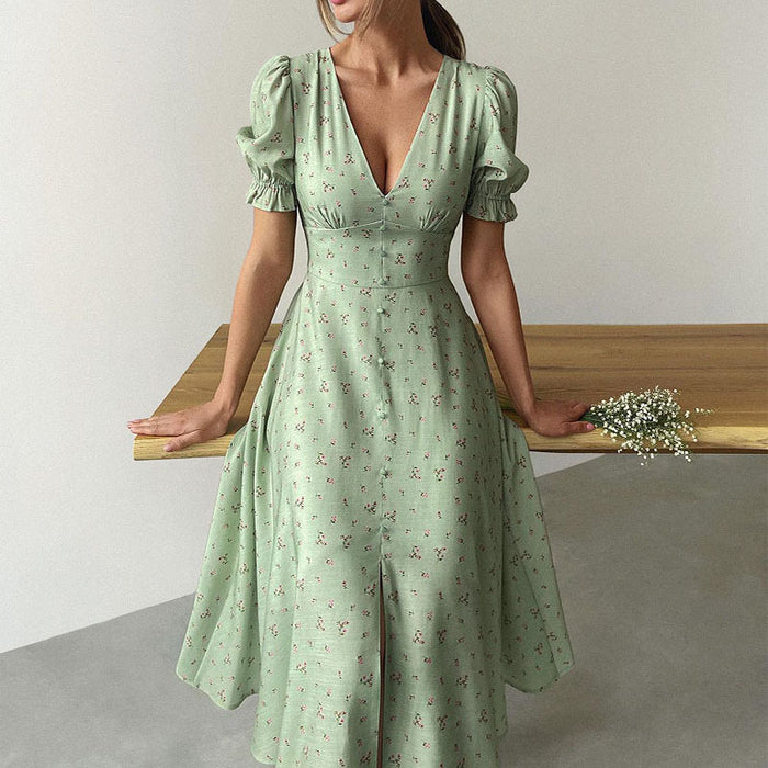 Women  Clothing Elegant Printed V neck Lantern Sleeve Dress