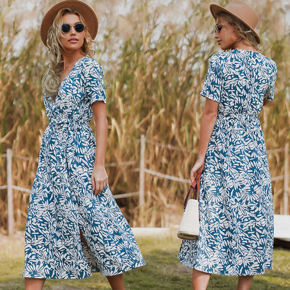 Fresh V neck Printed Summer Sweet Slim Fit Maxi Dress Korean Slim Looking Belly Covering Young A  line Dress