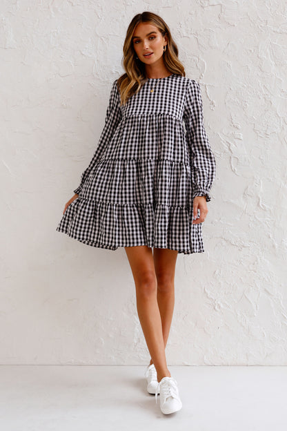 Autumn New Long Sleeve round Neck Swing Plaid Loose Dress for Women