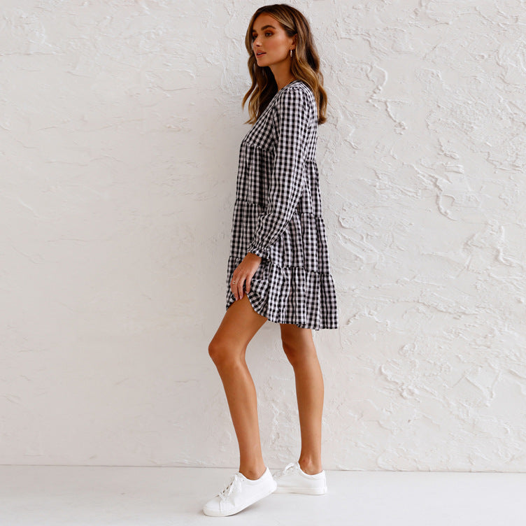 New Long Sleeve Plaid Pleated Swing Cake Dress Women Clothing