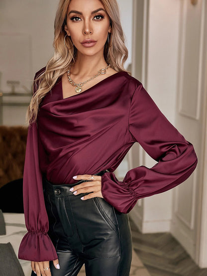 Elegant Satin Pullover with Pile Collar - Women's Autumn/Winter Shirt