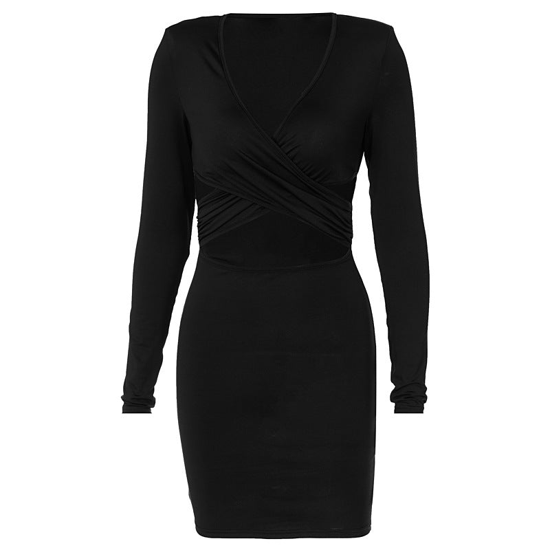 Style Women Clothing 2021 New Autumn Fashion Sexy Cutout Deep V Midriff-Baring Long Sleeve Dress