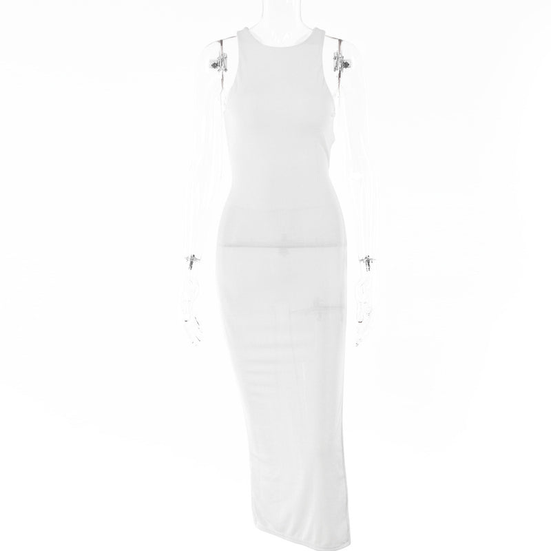 Women Clothing 2021 Summer New Personalized Simple Dress Sexy Fashion Sleeveless Backless Slit Midi Dress