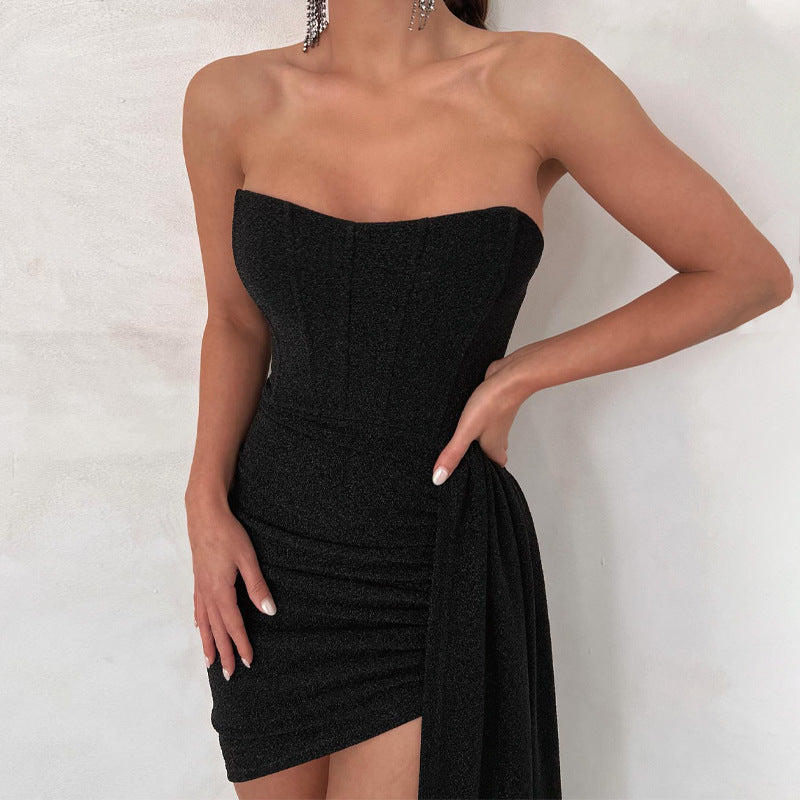 Spring Women Clothes Stitching Tied Sexy Bandeau Short Sheath Dress