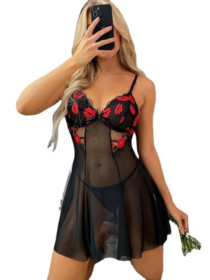 Style Lace Flocking Sexy Lingerie Women＇s See-through Pajamas Nightdress Slip Dress Set