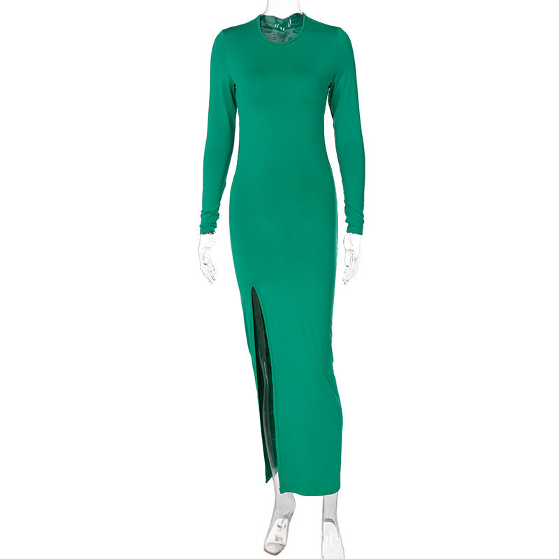 Women Clothing 2021 New Autumn Fashion round Neck Backless Long Sleeves Slit Midi Skirt