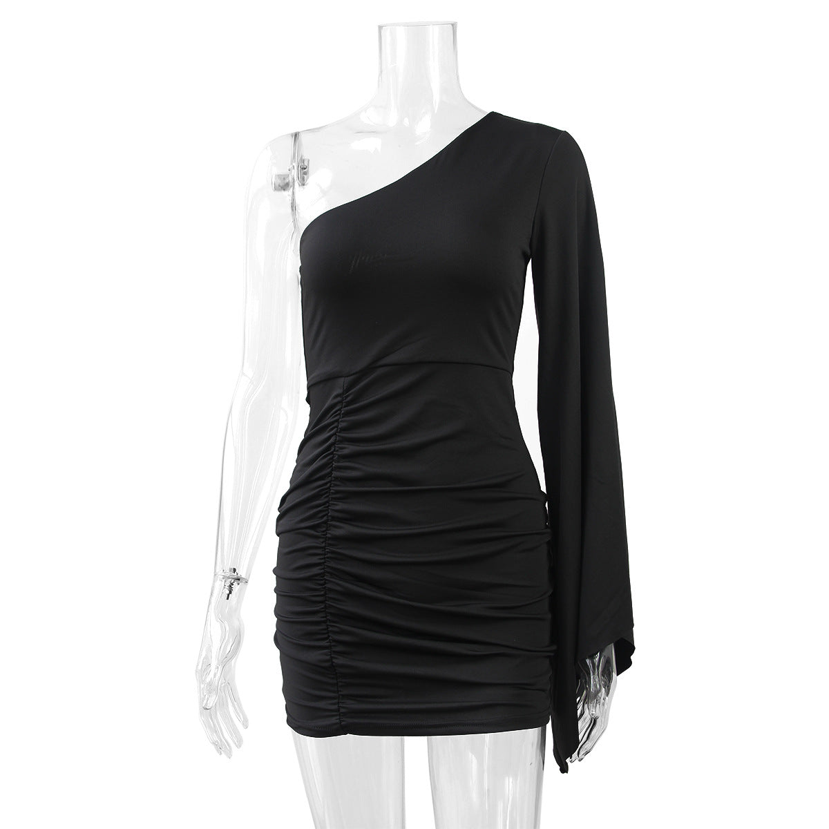 Sexy Oblique Shoulder Pleated Dress – Asymmetric Long Sleeve Autumn/Winter Fashion