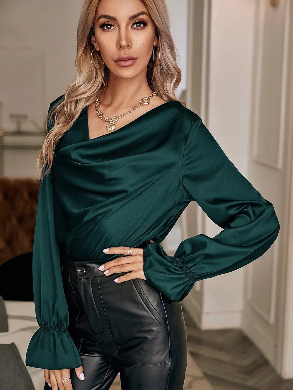 Elegant Satin Pullover with Pile Collar - Women's Autumn/Winter Shirt