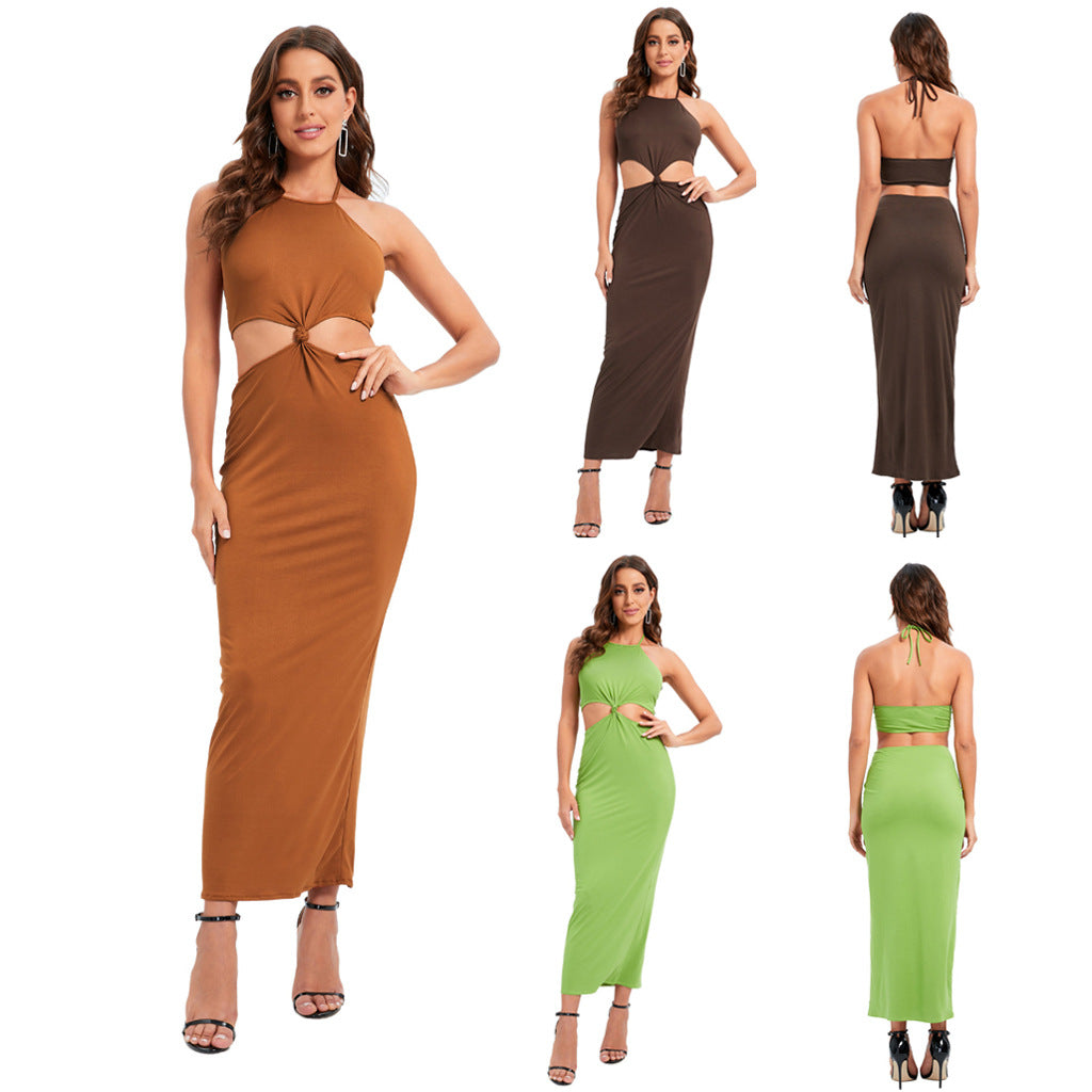 Women  Clothing Sexy Backless Sleeveless Halter Dress Skinny Hip Skirt Long Waist-Baring Dress Women