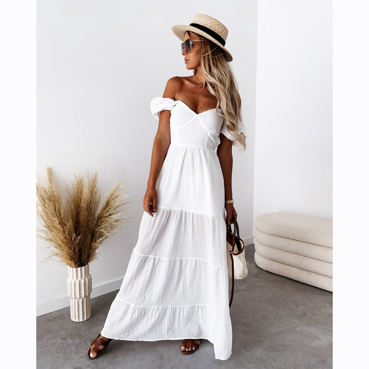 2021 Summer Sun Protection Short Sleeve Strapless Solid Color Backless Lace up Temperament Commute High Waist Dress