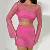 Long Sleeve Mesh Sequin Sling Top Sheath Two Piece Skirt Outfit Sexy Women Wear