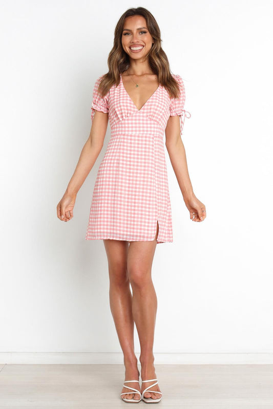 2022 Spring Summer New Sexy Deep V Plaid Split Short Sleeve Dress for Women