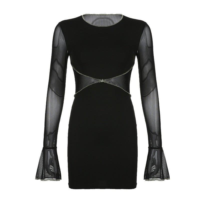 Mesh Stitching See through round Neck Micro Pull Long Sleeve Sexy Slim Dress Short  for Women
