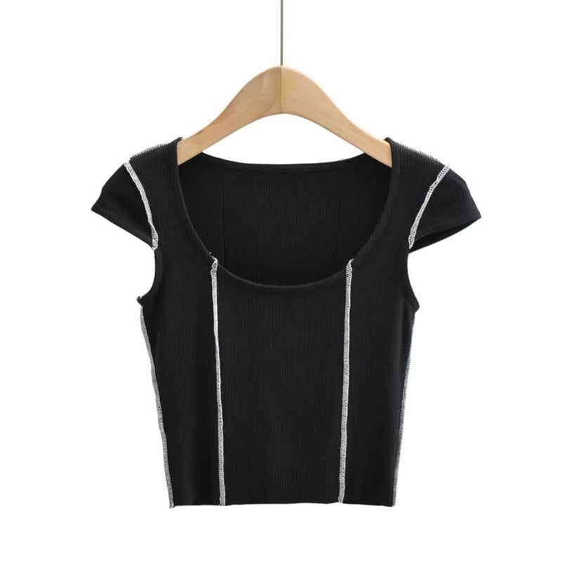 Summer New Women round-Neck Patchwork Design T-shirt Slim Fit Slimming Women Elegant Sexy Raglan Sleeve Top
