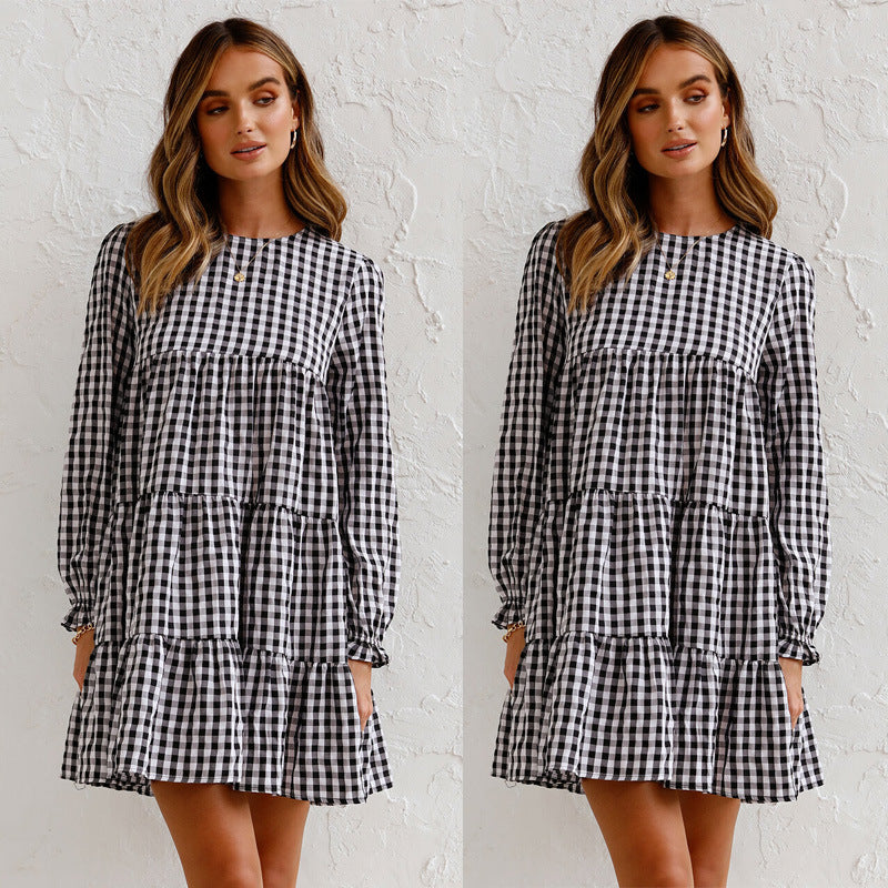 Autumn New Long Sleeve round Neck Swing Plaid Loose Dress for Women