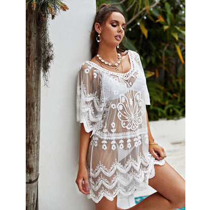 Summer Thin Loose Lace Elegant Beach Bikini Hollow-out Hook Floral Sunscreen Jacket Mid-Length